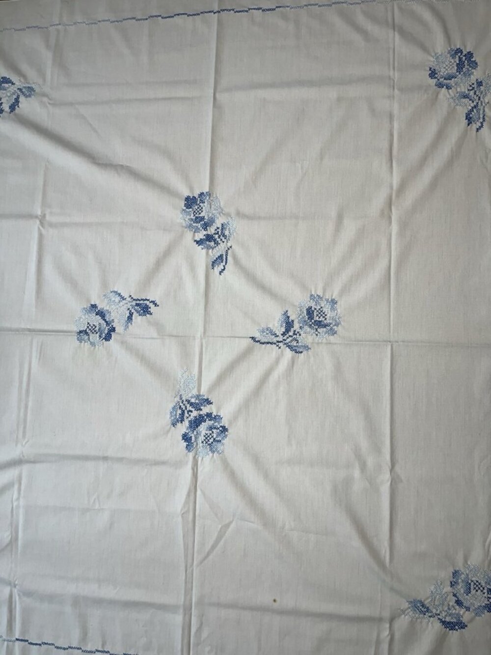 Vtg Cross Stitch White Blue Flowers Tablecloth 50” x 52 " Square Cottage Read